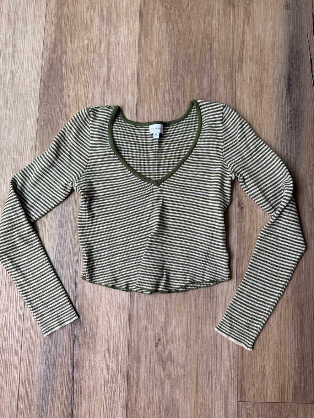 La Hearts Olive & Cream Striped V-Neck Long Sleeve Top